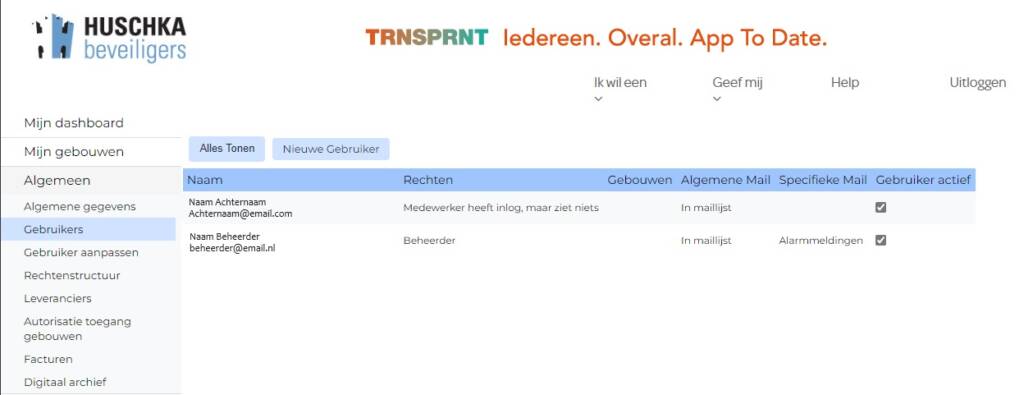 Screenshot van het TRNSPRNT Dashboard waarin gebruikers kunnen worden beheerd, inclusief opties om nieuwe gebruikers toe te voegen en bestaande gebruikers te verwijderen